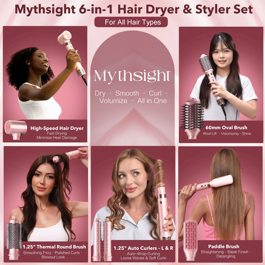 Mythsight StyleVibe™ 6-in-1 Multi-Styler, Blow Dryer Brush & Thermal Brush with Auto Wrap Curl L/R, Fast Drying, Smooth Blowouts, Root-Lift Volume, No Heat Damage Frizz-Free Air Styler with Travel Bag (Pink)