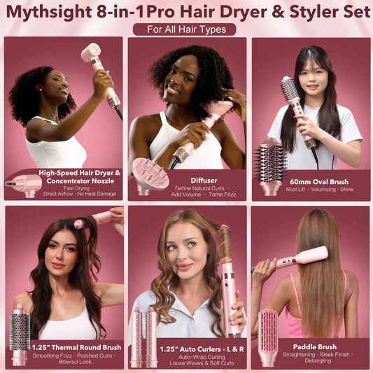 Mythsight StyleVibe™ 8-in-1 Multi-Styler, Blow Dryer Brush & Thermal Brush with Auto Wrap Curl L/R, Fast Drying, Smooth Blowouts, Root-Lift Volume, No Heat Damage Frizz-Free Air Styler with Travel Bag (Pink)