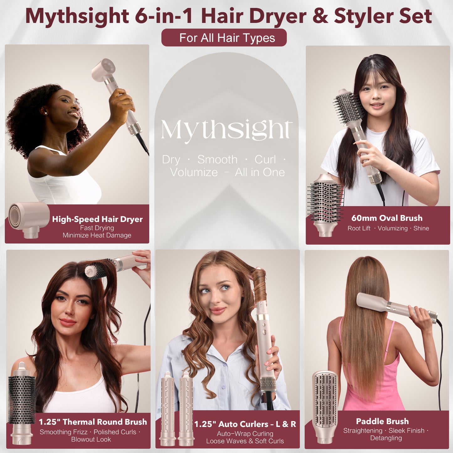 Mythsight StyleVibe™ 6-in-1 Multi-Styler, Blow Dryer Brush & Thermal Brush with Auto Wrap Curl L/R, Fast Drying, Smooth Blowouts, Root-Lift Volume, No Heat Damage Frizz-Free Air Styler with Travel Bag (Champagne Gold)