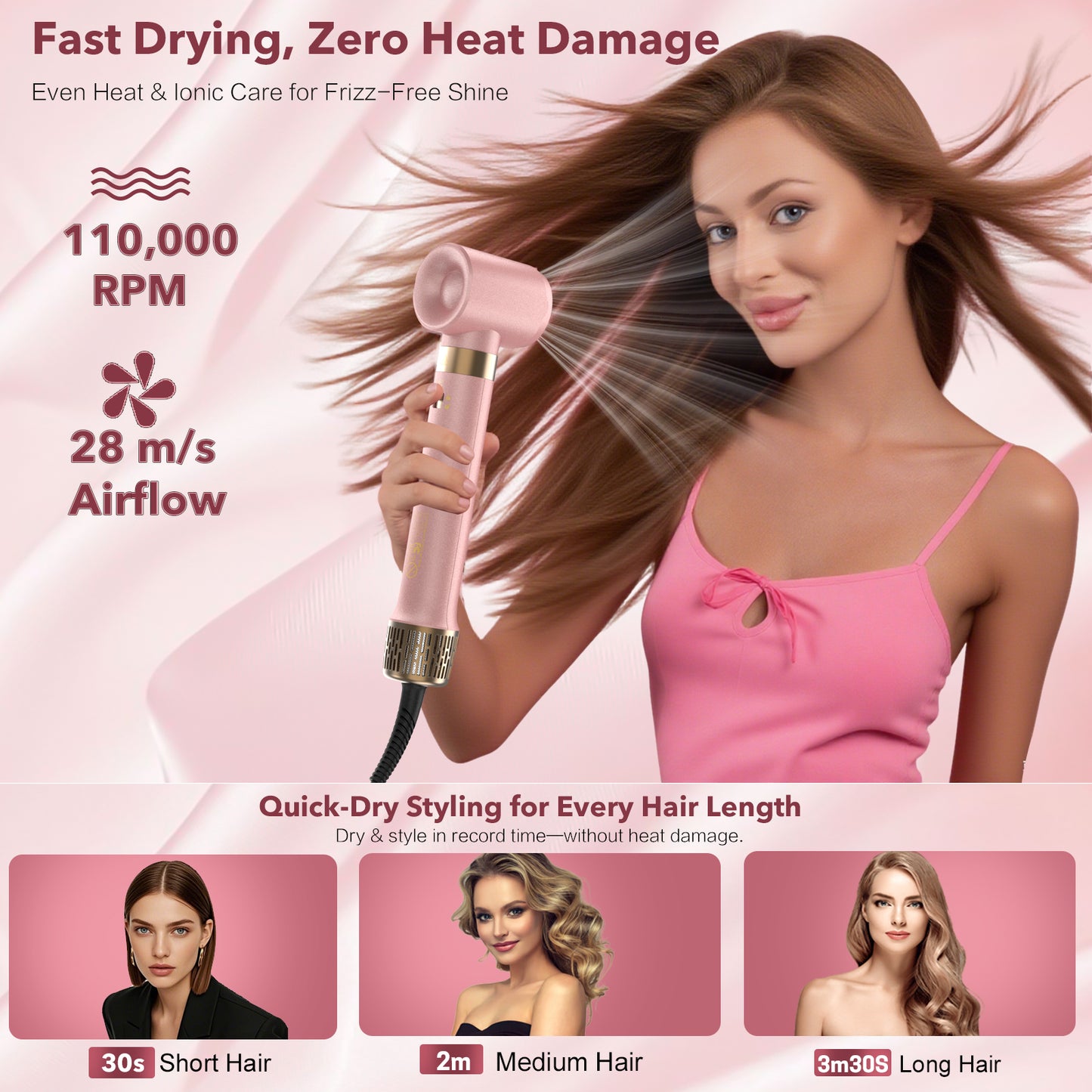 Mythsight StyleVibe™ 8-in-1 Multi-Styler, Blow Dryer Brush & Thermal Brush with Auto Wrap Curl L/R, Fast Drying, Smooth Blowouts, Root-Lift Volume, No Heat Damage Frizz-Free Air Styler with Travel Bag (Pink)