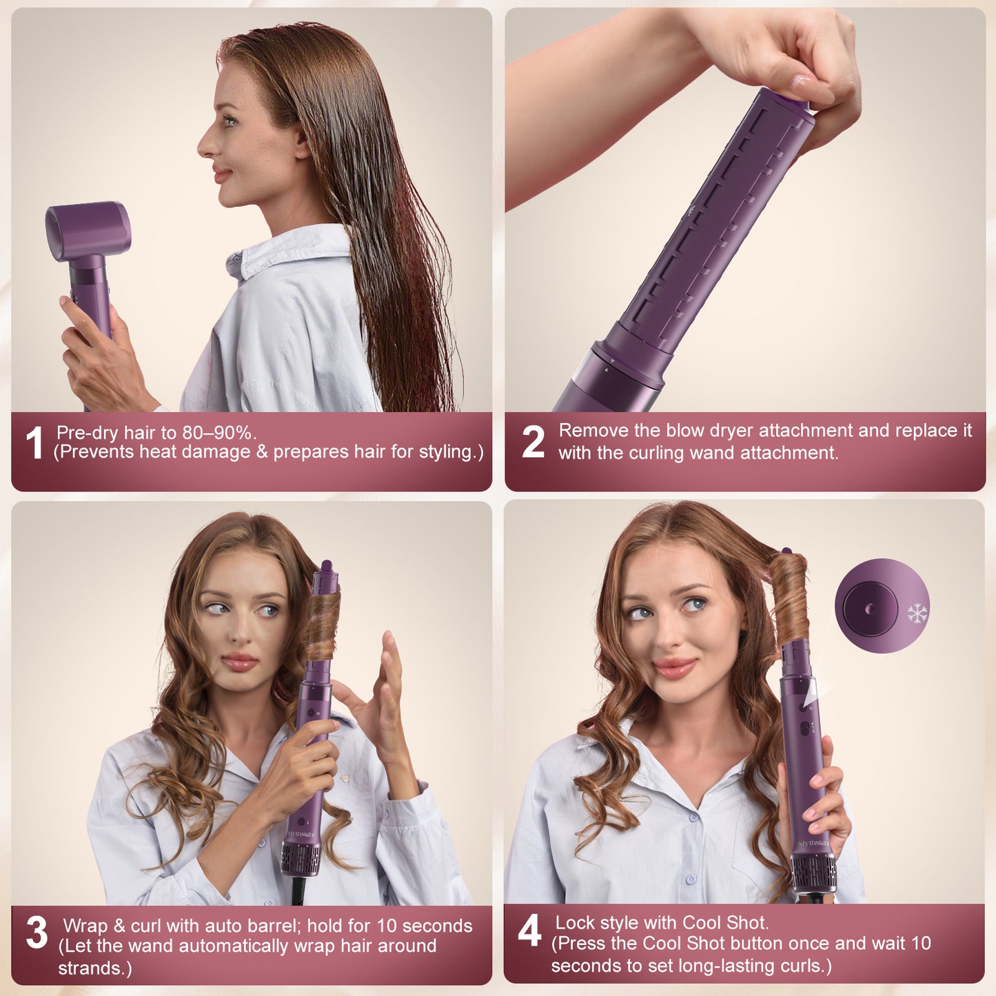 Mythsight StyleVibe™ 6-in-1 Multi-Styler, Blow Dryer Brush & Thermal Brush with Auto Wrap Curl L/R, Fast Drying, Smooth Blowouts, Root-Lift Volume, No Heat Damage Frizz-Free Air Styler with Travel Bag (Purple)