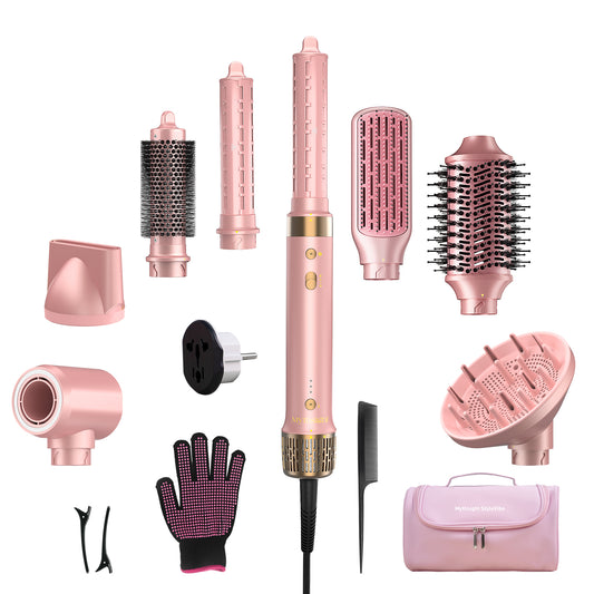 Mythsight StyleVibe Dual Voltage 8-in-1 Multi-Styler, Blow Dryer Brush & Thermal Brush with Auto Wrap Curl L/R, Fast Drying, Smooth Blowouts, Root-Lift Volume, No Heat Damage Frizz-Free Air Styler with Travel Bag (Pink)