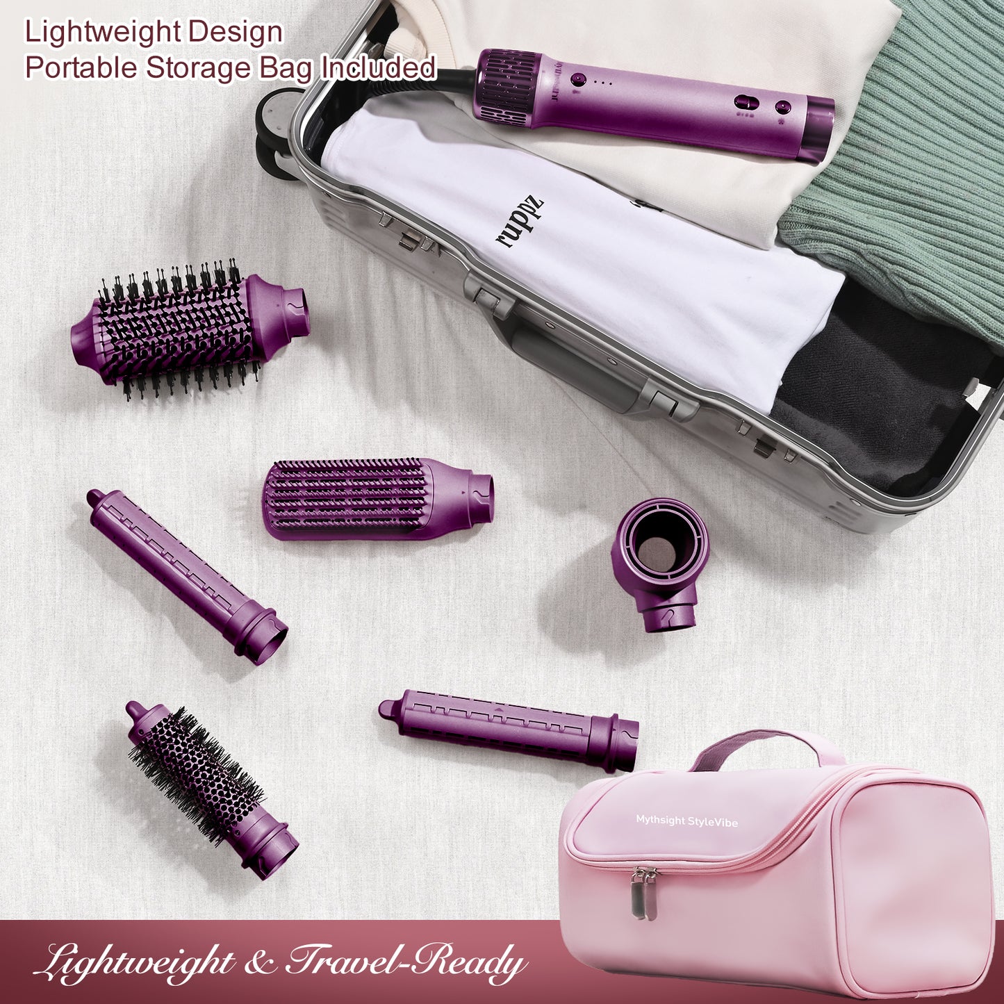 Mythsight StyleVibe™ 6-in-1 Multi-Styler, Blow Dryer Brush & Thermal Brush with Auto Wrap Curl L/R, Fast Drying, Smooth Blowouts, Root-Lift Volume, No Heat Damage Frizz-Free Air Styler with Travel Bag (Purple)