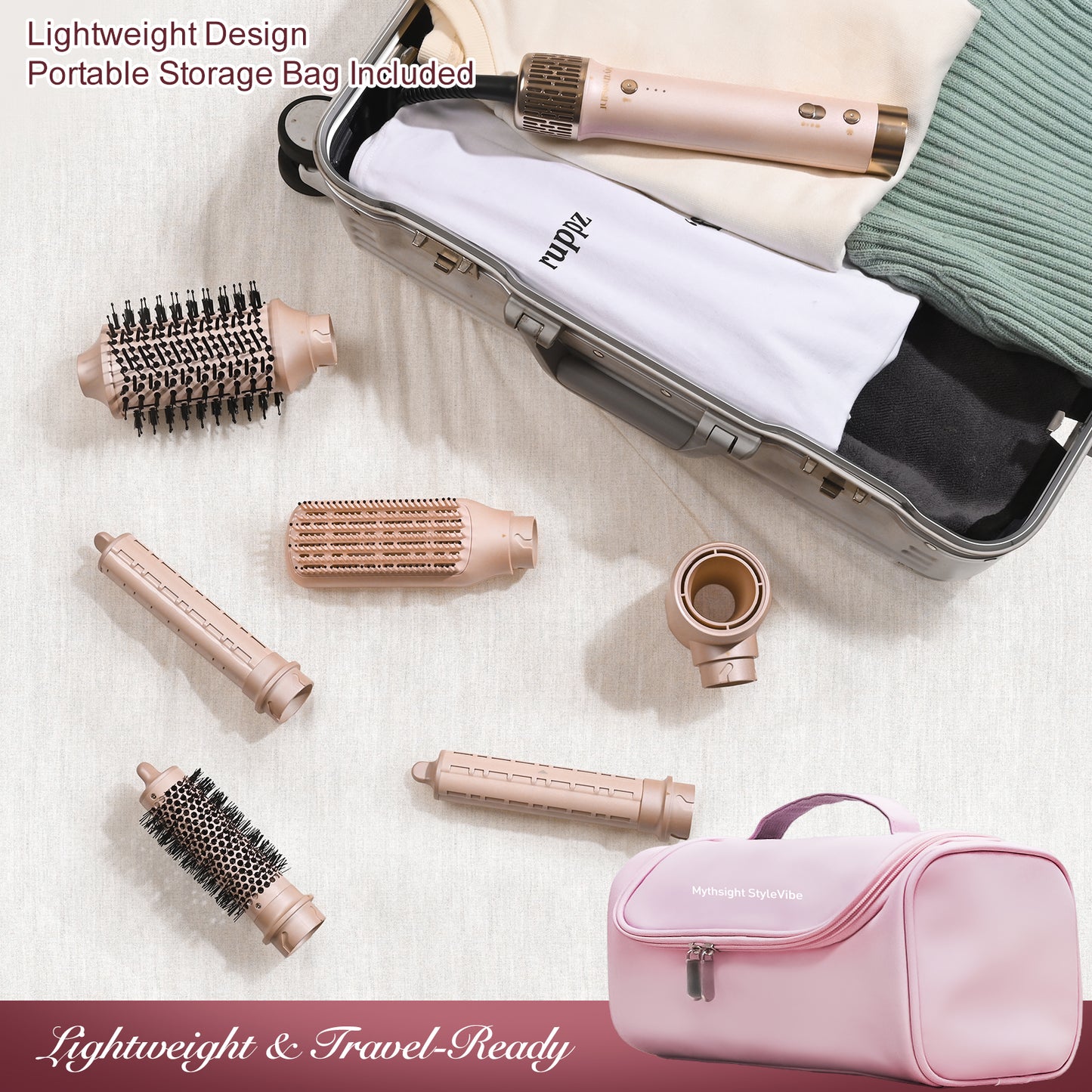 Mythsight StyleVibe™ 6-in-1 Multi-Styler, Blow Dryer Brush & Thermal Brush with Auto Wrap Curl L/R, Fast Drying, Smooth Blowouts, Root-Lift Volume, No Heat Damage Frizz-Free Air Styler with Travel Bag (Champagne Gold)
