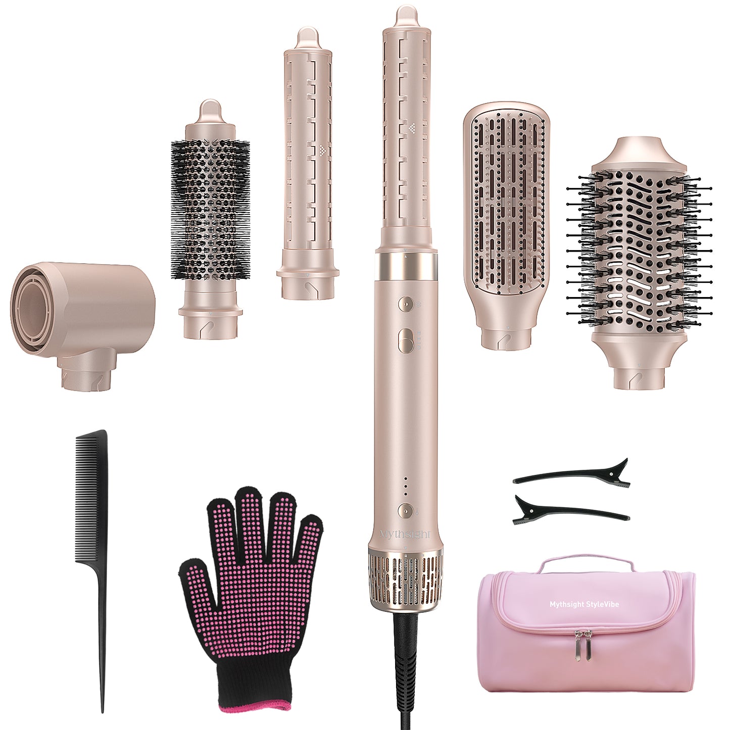 Mythsight StyleVibe™ 6-in-1 Multi-Styler, Blow Dryer Brush & Thermal Brush with Auto Wrap Curl L/R, Fast Drying, Smooth Blowouts, Root-Lift Volume, No Heat Damage Frizz-Free Air Styler with Travel Bag (Champagne Gold)