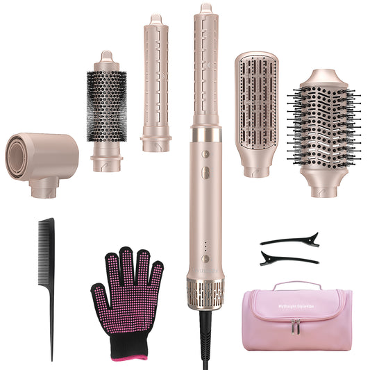 Mythsight StyleVibe™ 6-in-1 Multi-Styler, Blow Dryer Brush & Thermal Brush with Auto Wrap Curl L/R, Fast Drying, Smooth Blowouts, Root-Lift Volume, No Heat Damage Frizz-Free Air Styler with Travel Bag (Champagne Gold)