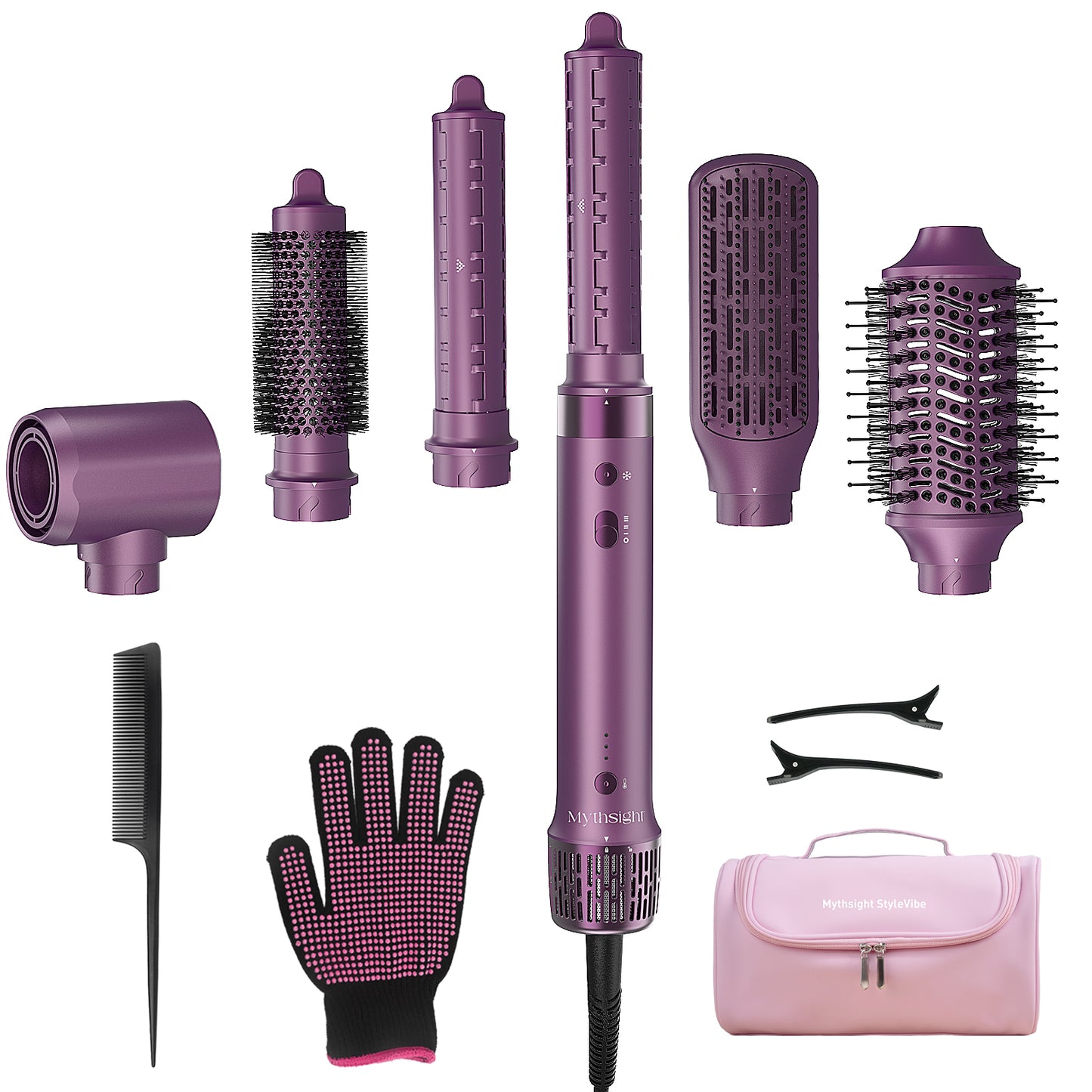 Mythsight StyleVibe™ 6-in-1 Multi-Styler, Blow Dryer Brush & Thermal Brush with Auto Wrap Curl L/R, Fast Drying, Smooth Blowouts, Root-Lift Volume, No Heat Damage Frizz-Free Air Styler with Travel Bag (Purple)