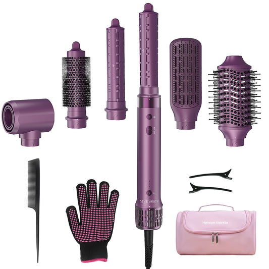 Mythsight StyleVibe™ 6-in-1 Multi-Styler, Blow Dryer Brush & Thermal Brush with Auto Wrap Curl L/R, Fast Drying, Smooth Blowouts, Root-Lift Volume, No Heat Damage Frizz-Free Air Styler with Travel Bag (Purple)