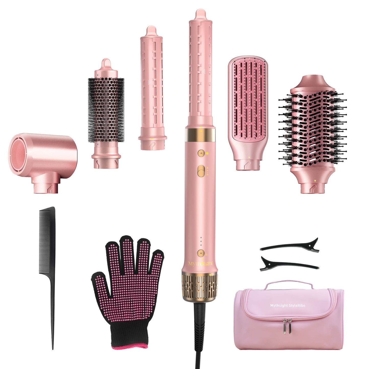Mythsight StyleVibe™ 6-in-1 Multi-Styler, Blow Dryer Brush & Thermal Brush with Auto Wrap Curl L/R, Fast Drying, Smooth Blowouts, Root-Lift Volume, No Heat Damage Frizz-Free Air Styler with Travel Bag (Pink)