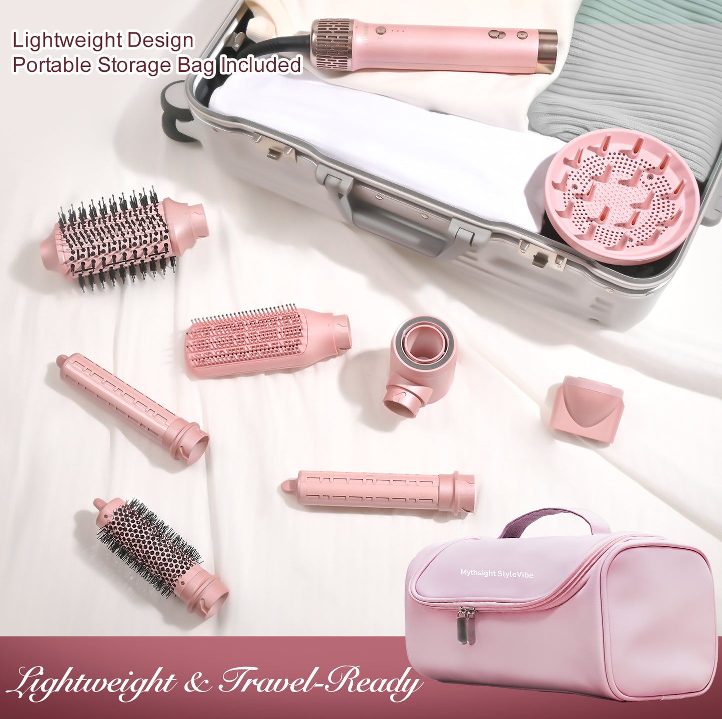 Mythsight StyleVibe™ 8-in-1 Multi-Styler, Blow Dryer Brush & Thermal Brush with Auto Wrap Curl L/R, Fast Drying, Smooth Blowouts, Root-Lift Volume, No Heat Damage Frizz-Free Air Styler with Travel Bag (Pink)