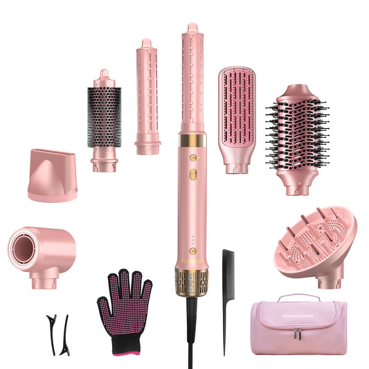 Mythsight StyleVibe™ 8-in-1 Multi-Styler, Blow Dryer Brush & Thermal Brush with Auto Wrap Curl L/R, Fast Drying, Smooth Blowouts, Root-Lift Volume, No Heat Damage Frizz-Free Air Styler with Travel Bag (Pink)